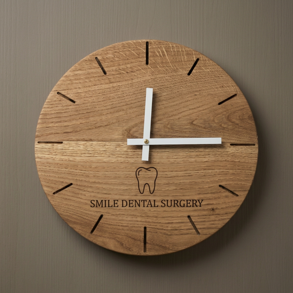 A round wooden wall clock with a natural oak finish, featuring white hands, black engraved hour markers and custom text reading 'EST. 2025 THE SMITHS' alongside a simple bride and groom illustration.