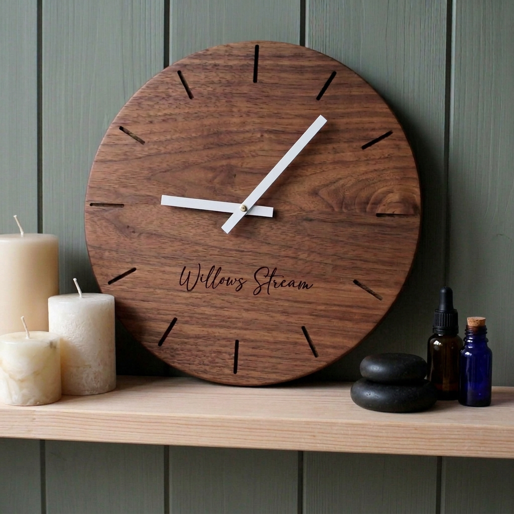 A round wooden wall clock with a natural oak finish, featuring white hands, minimalist black hour markers, and custom engraving on the face. The clock is displayed on a light wood block pedestal with two dark green polished stones against a plain white wall.