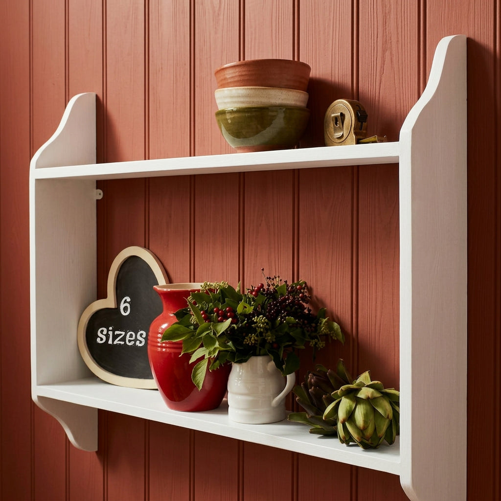 A light gray painted wooden open shelf mounted on a white wall, styled with a red vase, a white pitcher filled with greenery, a heart-shaped chalkboard sign reading '6 sizes', and a green artichoke.