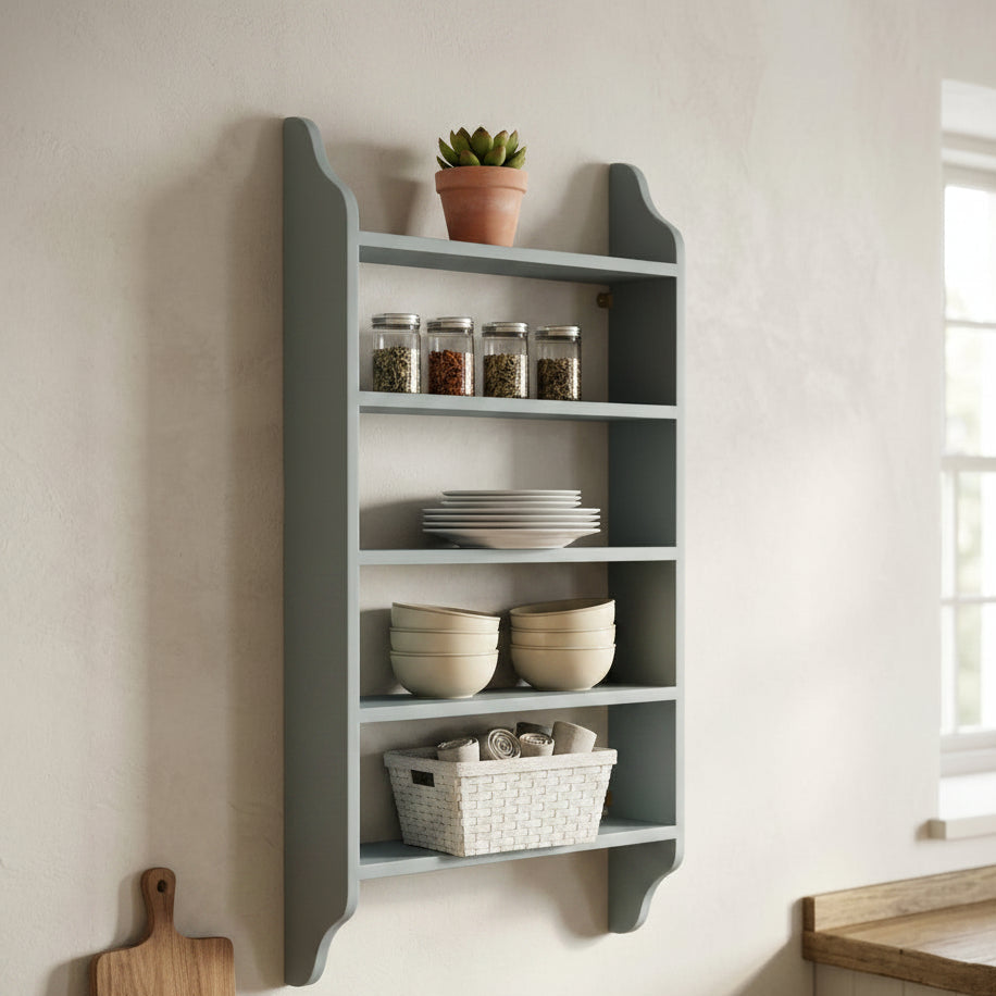 A wall-mounted five-tier shelf in a muted blue-gray finish, styled with a potted plant, plates, a jar, and a folded cloth, set against a textured cream wall next to a window.