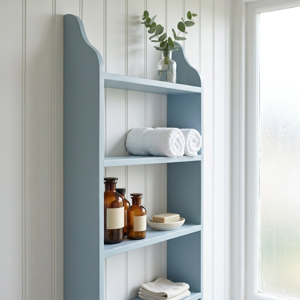 A tall, narrow wall-mounted shelving unit in a muted blue-gray finish, styled with white towels, amber glass bottles, and a small vase of greenery against a white paneled wall next to a window.