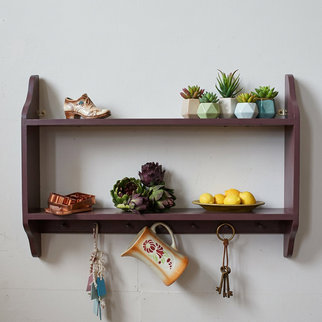 A dark brown wooden two-tier shelf mounted on a white wall, styled with a small heart-shaped chalkboard, faux succulents, a plate of lemons, and a hanging ceramic mug.