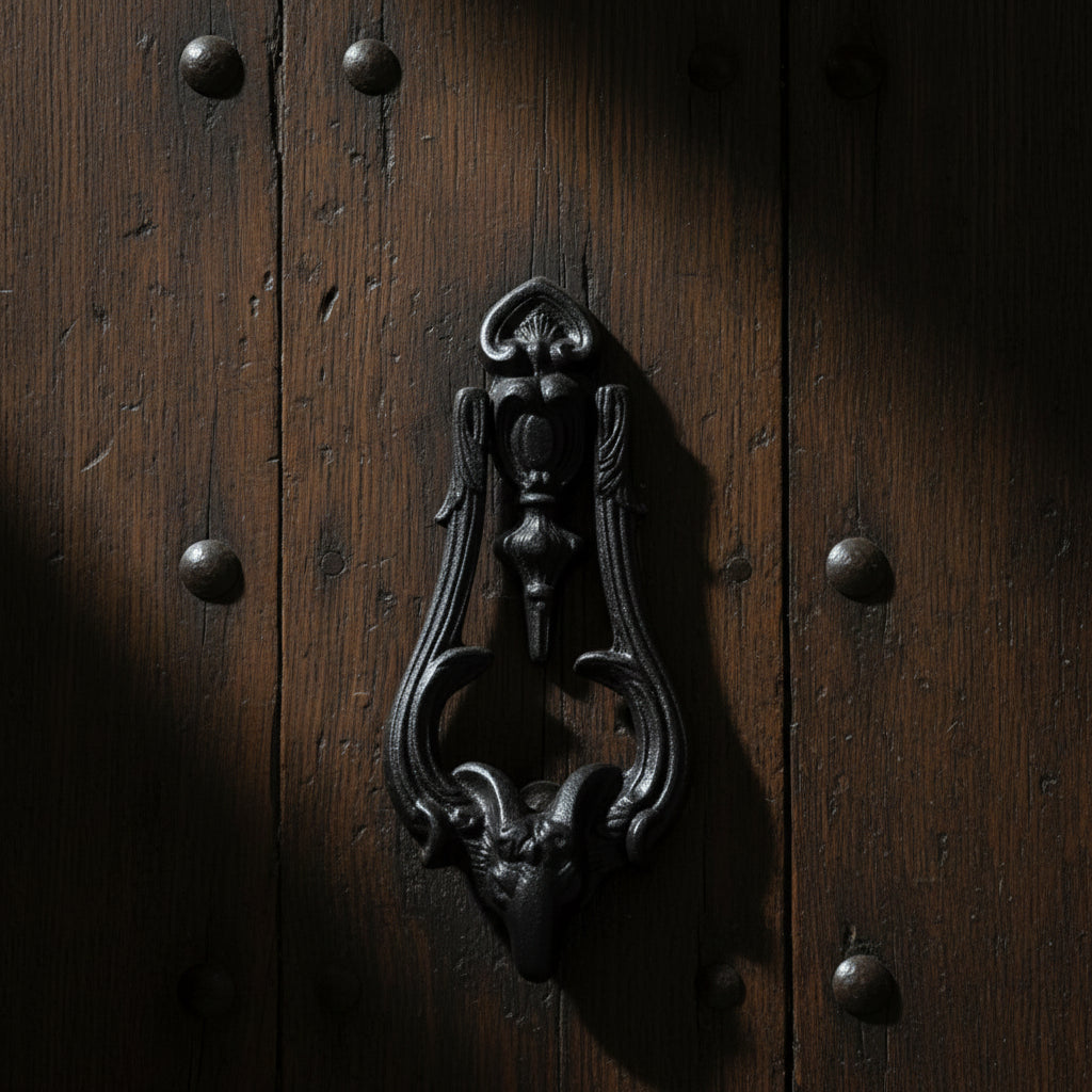A dark cast iron door knocker shaped like a ram's head with curved antler-like handles set on an antique wooden door