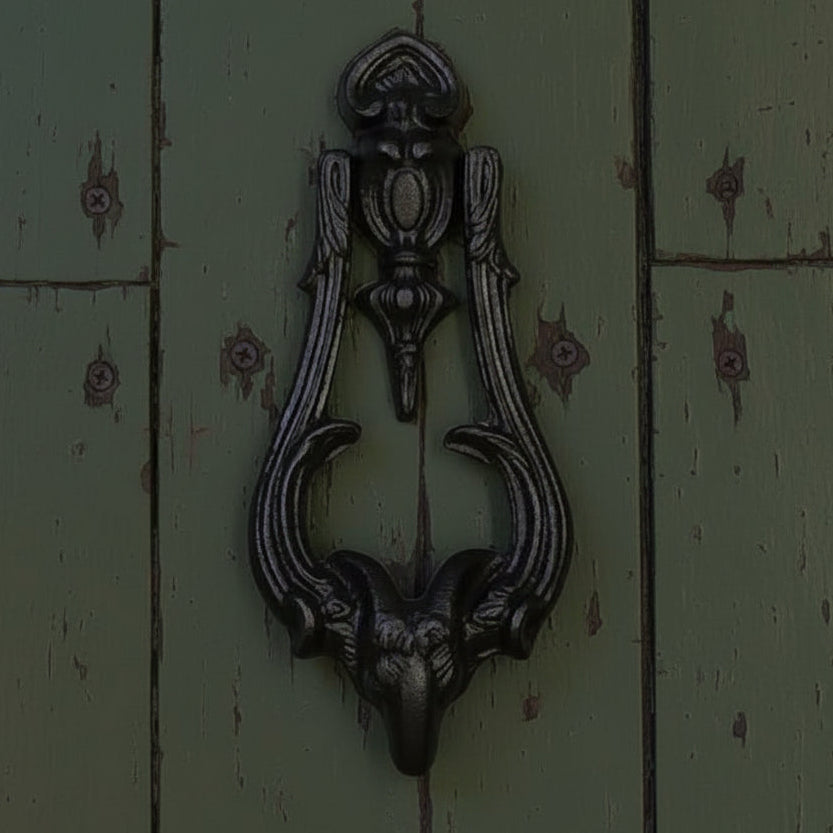 An ornate black metal door knocker featuring a ram's head at the bottom and a decorative top section, mounted on a dark green paneled door.