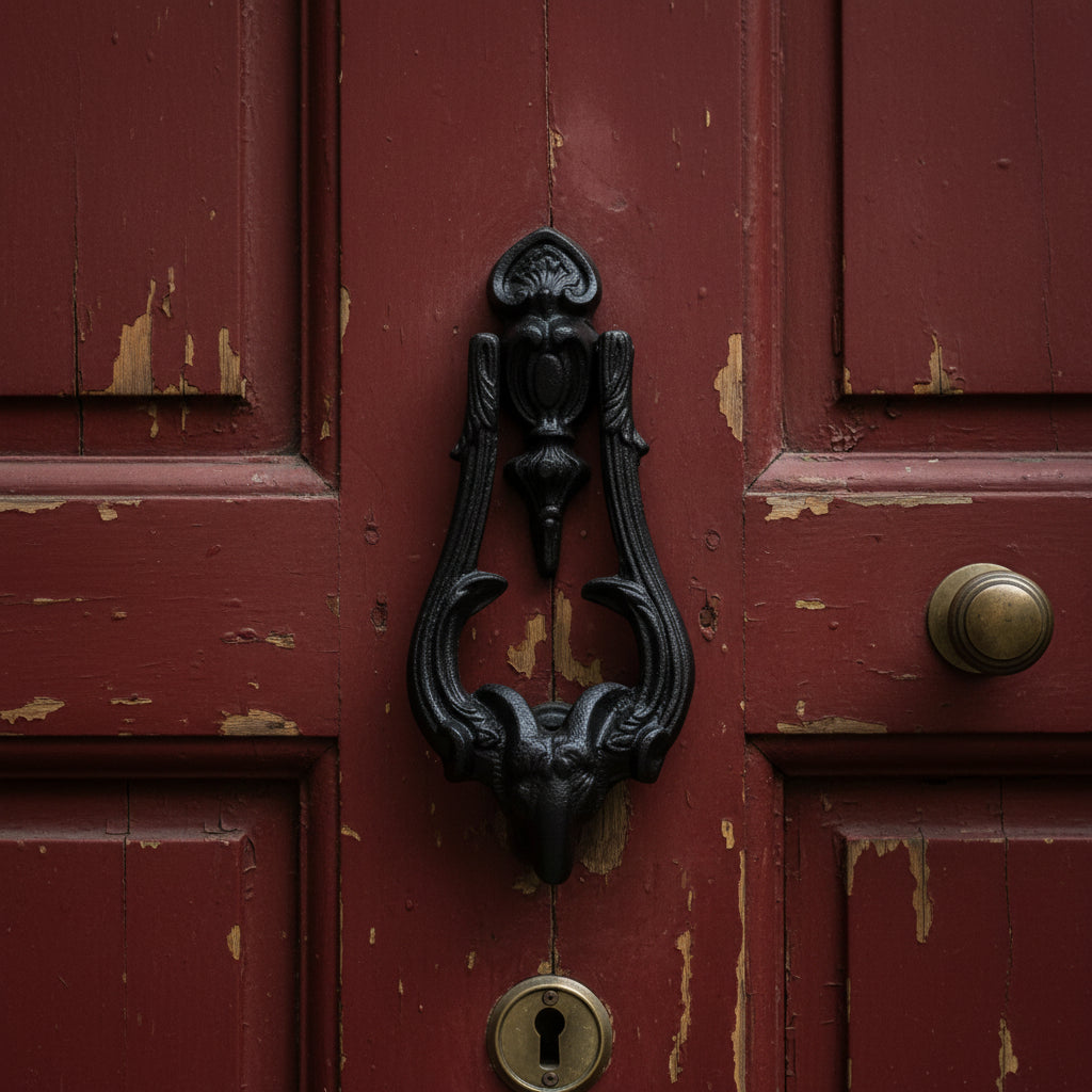 A dark cast iron door knocker shaped like a ram's head with curved antler-like handles, shown next to a wooden ruler on a light weathered wood background.