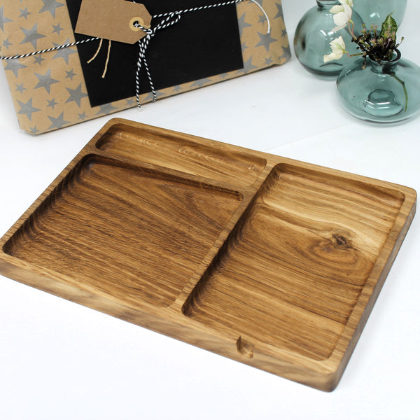 Solid Oak Desk Tray EDC Station with three sections for pens and phone