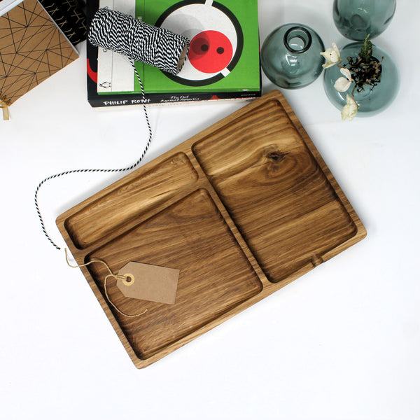 Solid Oak Desk Tray EDC Station with three sections for pens and phone