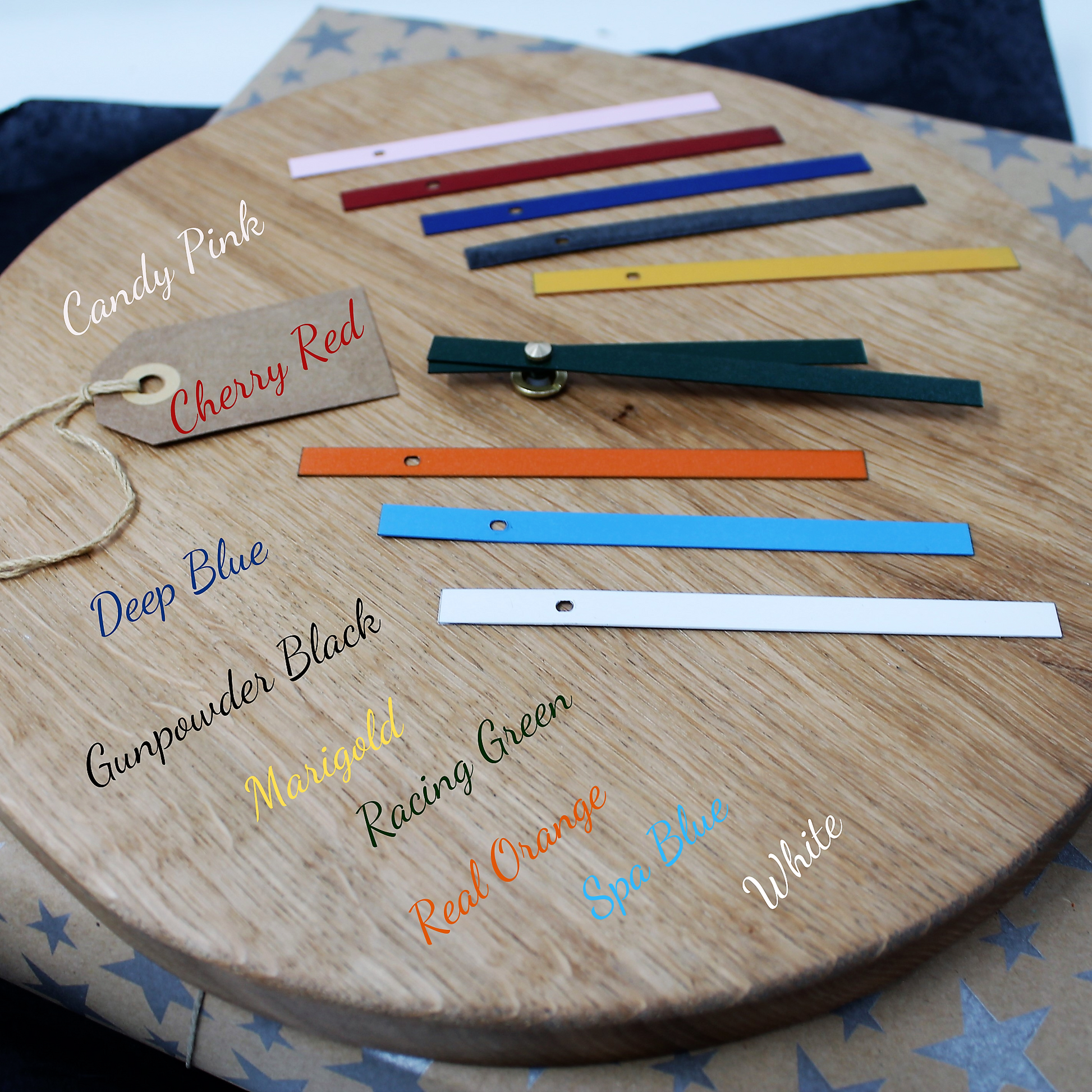 round oak wall clock with pink, red, navy, black, yellow, racing green, orange, turquoise or white metallic hands
