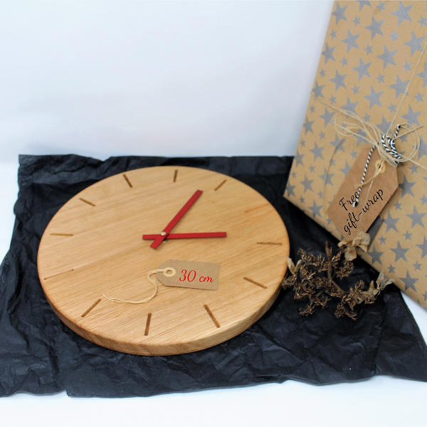 solid oak round wall clock with baton marks and red hands gift-wrap