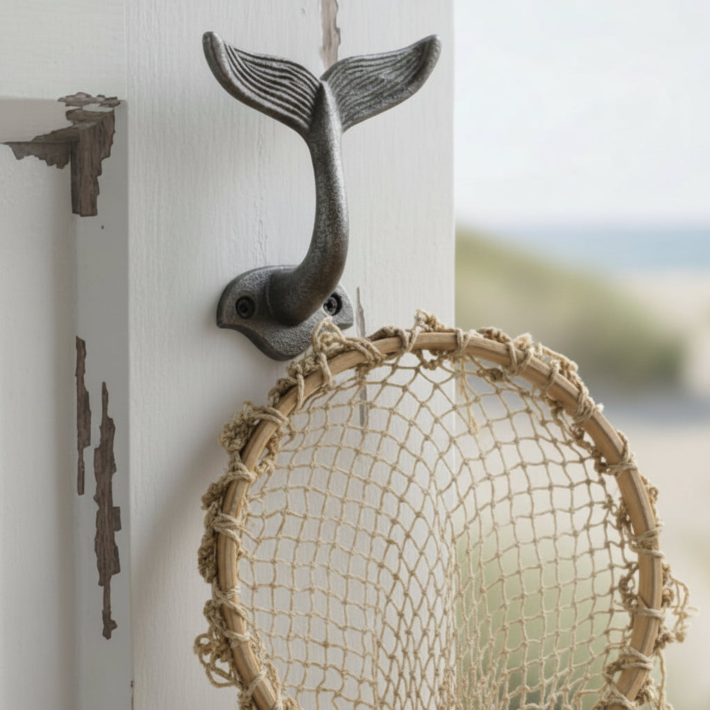 A whale tail fin pull handle in a distressed black metal finish, shown against a plain white background.