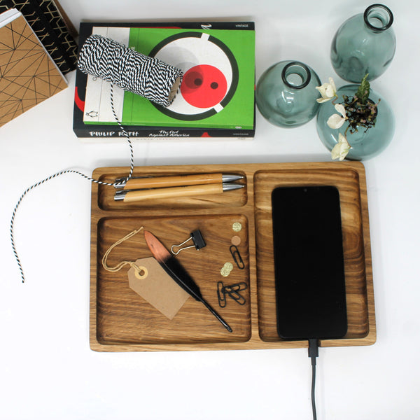 Solid Oak Desk Tray EDC Station with three sections for pens and phone