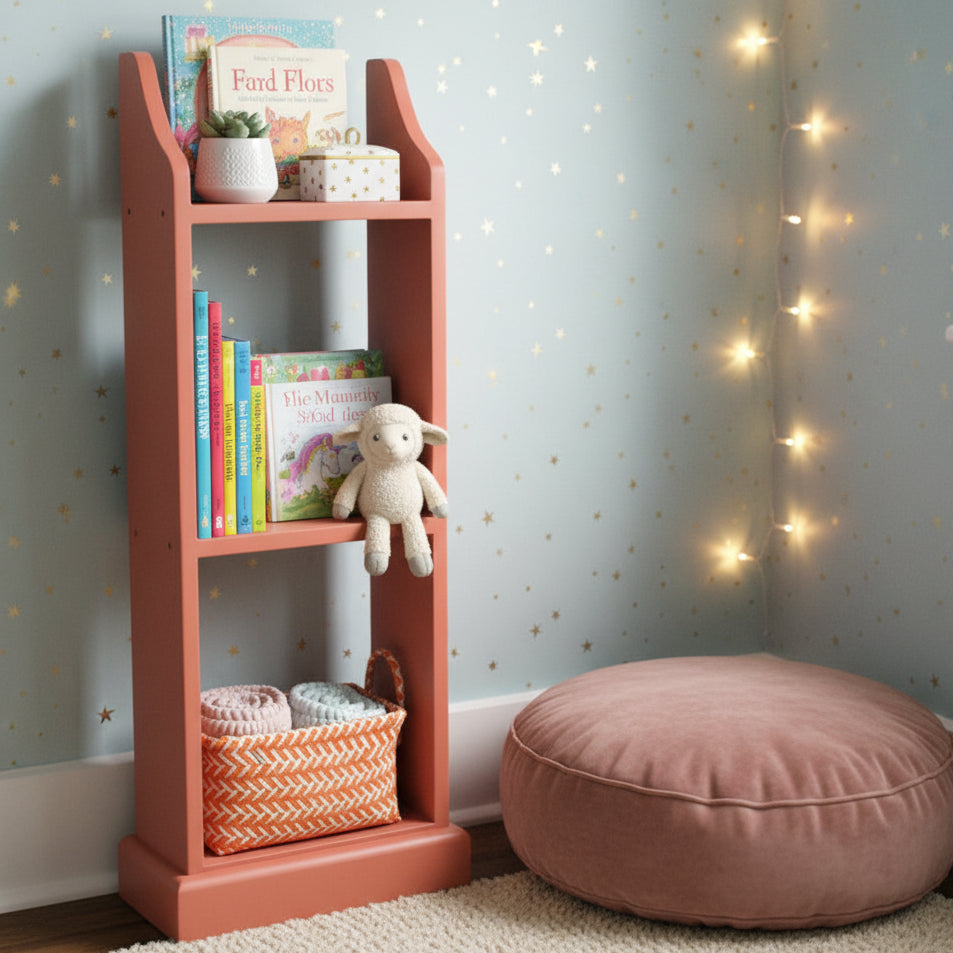 A coral pink wooden ladder shelf with three tiers stands against a blue wall. The top shelf holds books and the bottom shelf holds a matching woven basket.