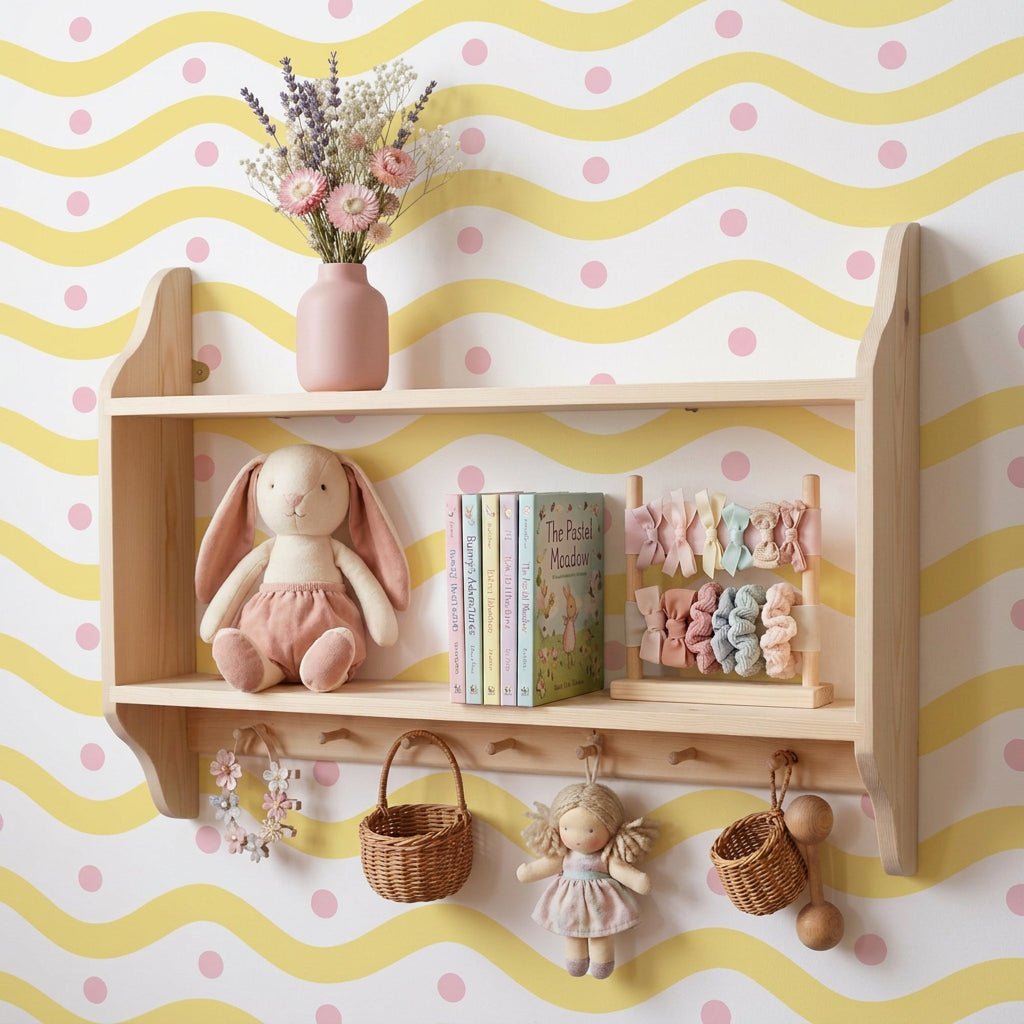 A light natural wood double wall shelf mounted on a beige wall, styled with a blue speckled pitcher of dried thistles on the top shelf, a red ceramic pitcher and a small white jug on the bottom shelf, with red-and-white striped mugs in a cup holder and a striped cloth hanging from hooks.