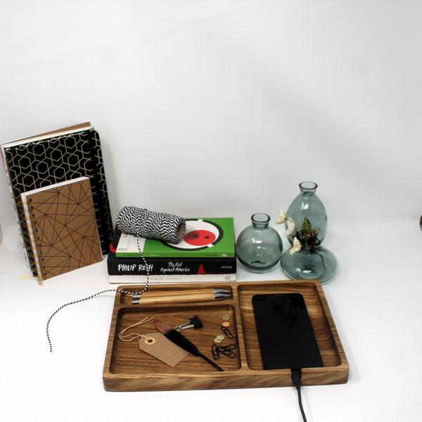 Solid Oak Desk Tray EDC Station with three sections for pens and phone