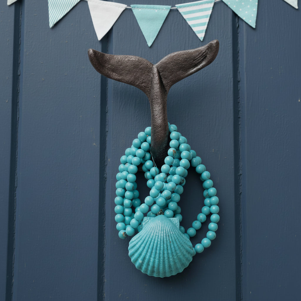 A dark metal wall hook shaped like a whale tail, hanging on a distressed white wooden wall. A turquoise beaded necklace and matching turquoise rose charm are draped over the hook.