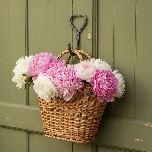 A heart shaped hook with a basket of peonies on it